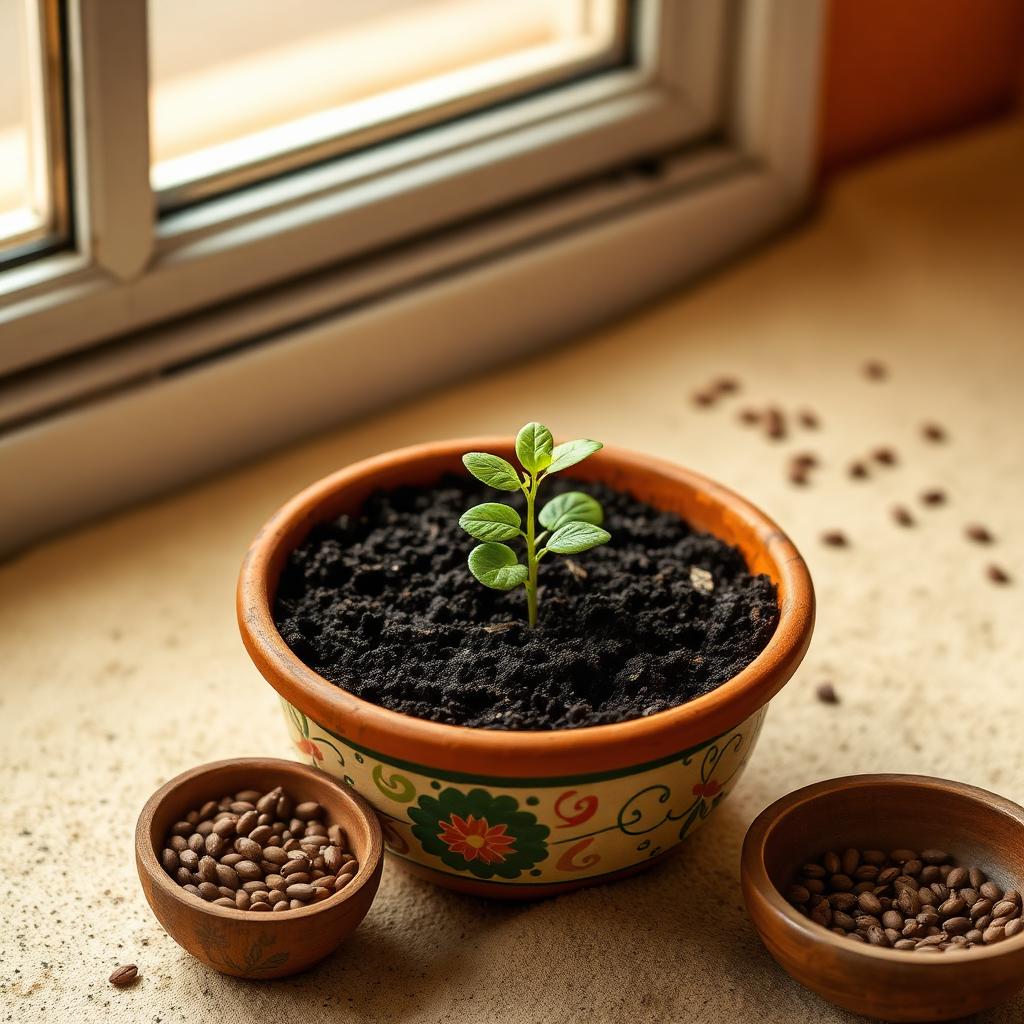 A clay matka reused as a planter with a green seedling growing from it